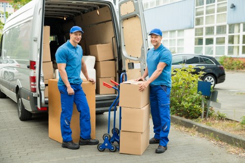 Packed office furniture and equipment ready for transport
